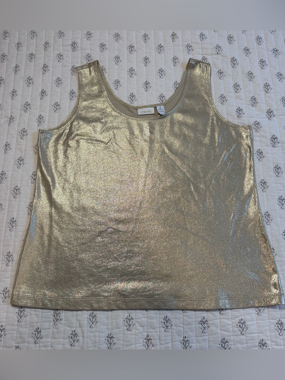 Chico’s Foiled Microfiber Metallic Gold Tank Top Size 2 L